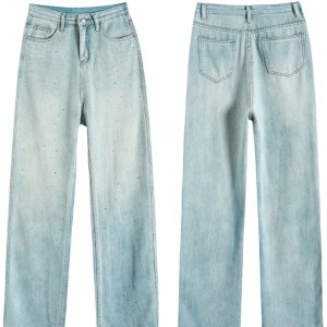 Retro Rhinestone Wide-Leg Jeans for Women - High-Waisted, Loose-Fit, Slim Straight-Leg Spring 2025 Fashion