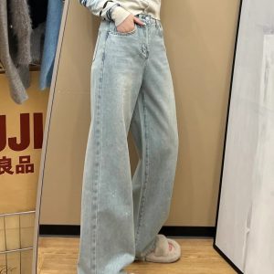 Retro Rhinestone Wide-Leg Jeans for Women - High-Waisted, Loose-Fit, Slim Straight-Leg Spring 2025 Fashion