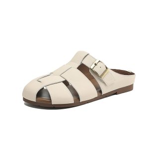 Retro Roman Half-Drag Shoes for Women, Genuine Leather Woven Hollow Flat Slip-On Sandals, Y2K Style