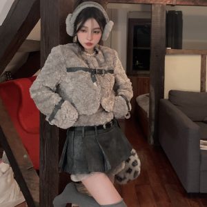 Retro Sheep Girl Fur Coat and High Waist A-Line Skirt Two-Piece Set - Square Style Fashion for Y2K and 90s Aesthetic