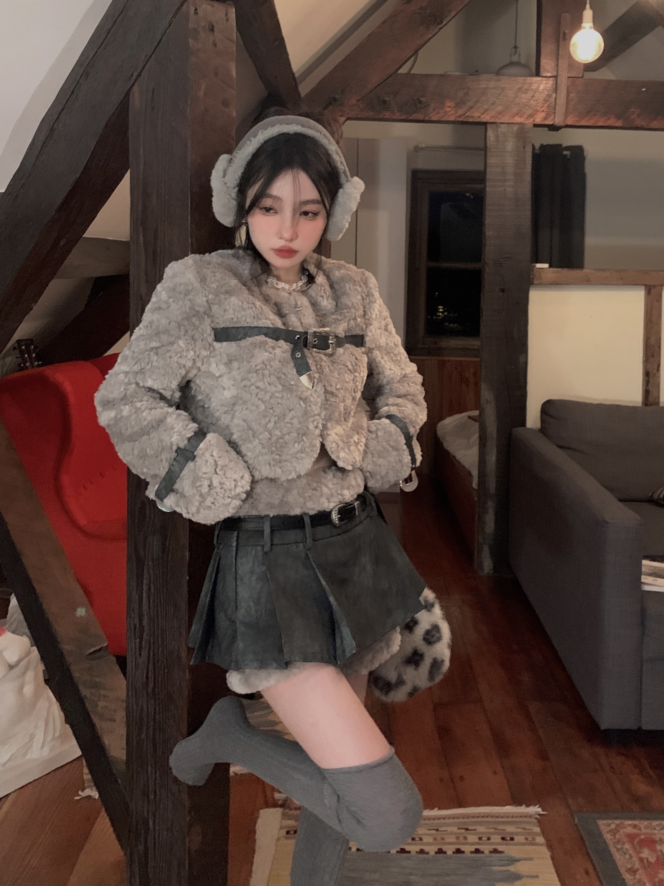 Retro Sheep Girl Fur Coat and High Waist A-Line Skirt Two-Piece Set - Square Style Fashion for Y2K and 90s Aesthetic