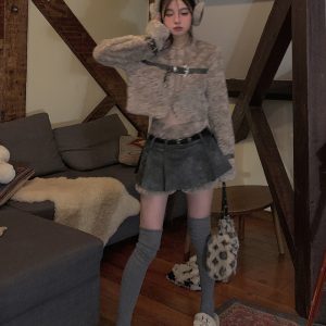 Retro Sheep Girl Fur Coat and High Waist A-Line Skirt Two-Piece Set - Square Style Fashion for Y2K and 90s Aesthetic