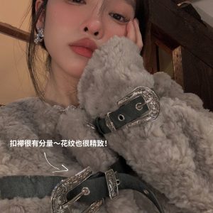 Retro Sheep Girl Fur Coat and High Waist A-Line Skirt Two-Piece Set - Square Style Fashion for Y2K and 90s Aesthetic