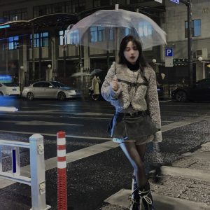 Retro Sheep Girl Fur Coat and High Waist A-Line Skirt Two-Piece Set - Square Style Fashion for Y2K and 90s Aesthetic