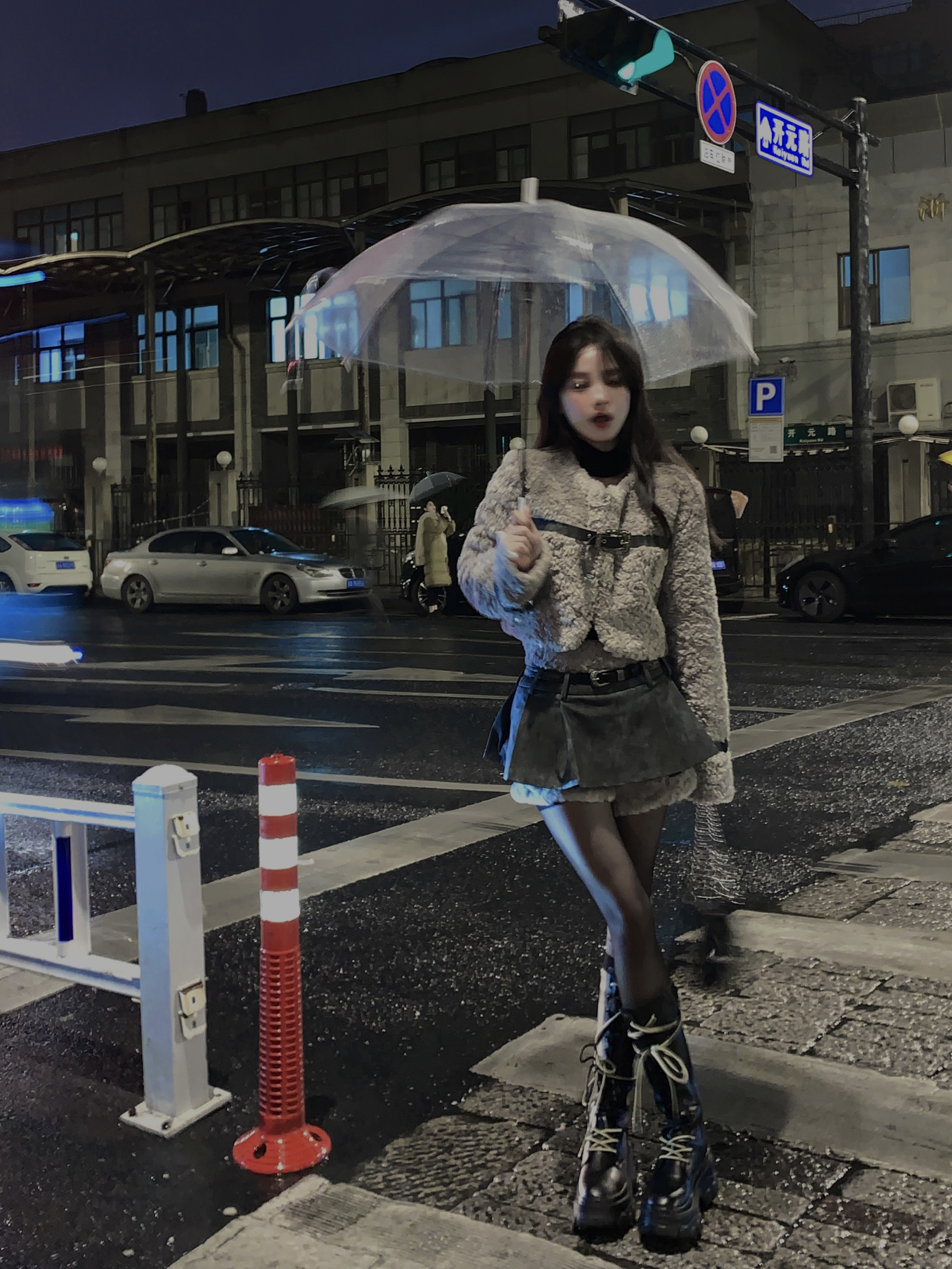 Retro Sheep Girl Fur Coat and High Waist A-Line Skirt Two-Piece Set - Square Style Fashion for Y2K and 90s Aesthetic