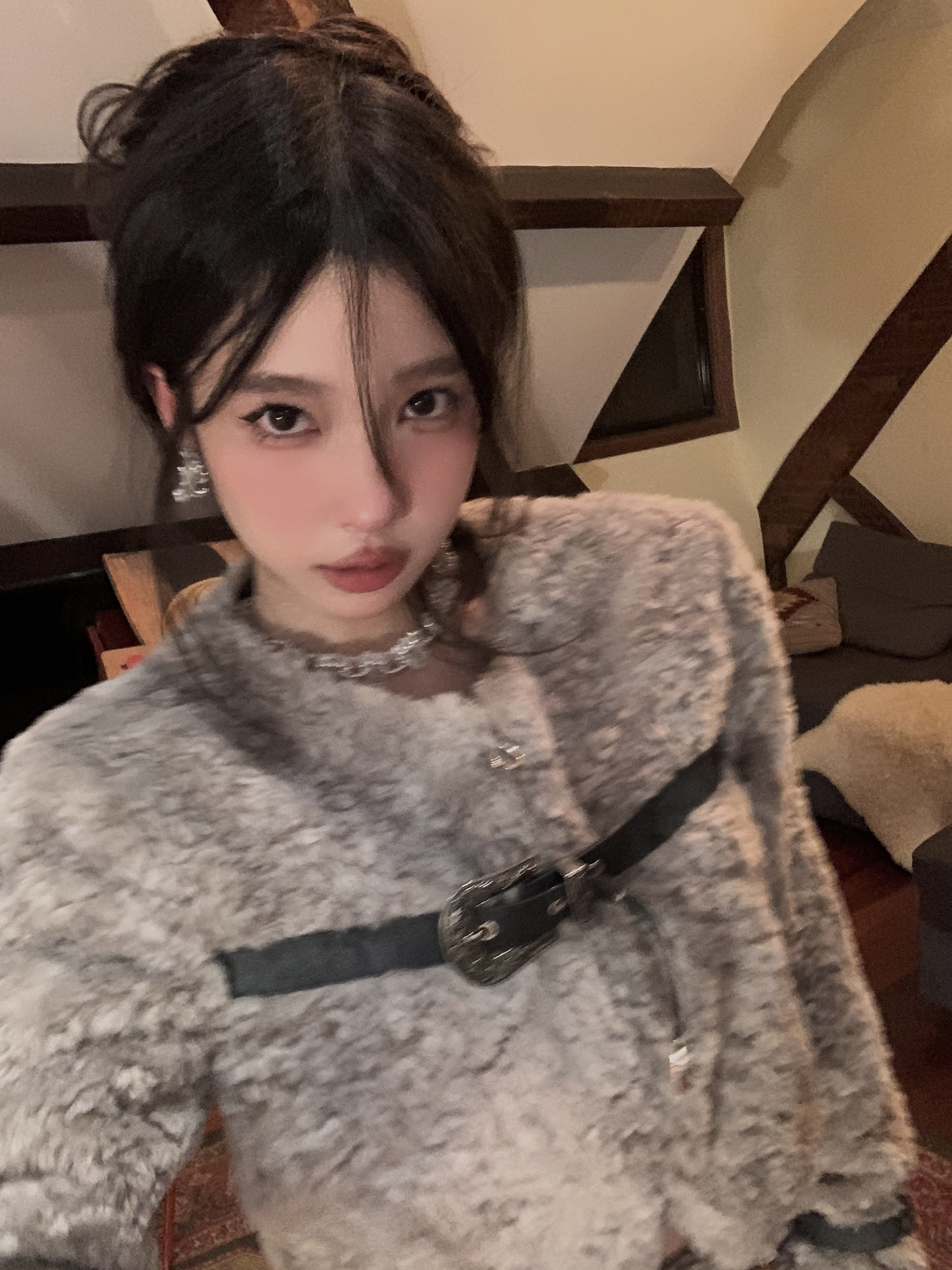 Retro Sheep Girl Fur Coat and High Waist A-Line Skirt Two-Piece Set - Square Style Fashion for Y2K and 90s Aesthetic