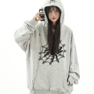 Retro Spider Print Hoodie - Unisex Autumn/Winter Sweatshirt in Niche American Trend Style