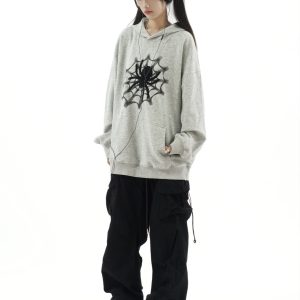 Retro Spider Print Hoodie - Unisex Autumn/Winter Sweatshirt in Niche American Trend Style