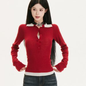 Retro Spliced Two-Piece Slim Fit Knitted Top - High Intelligence Spicy Sister Design, Trendy Korean Style Inner Shirt