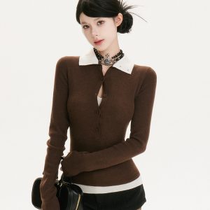Retro Spliced Two-Piece Slim Fit Knitted Top - High Intelligence Spicy Sister Design, Trendy Korean Style Inner Shirt