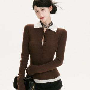 Retro Spliced Two-Piece Slim Fit Knitted Top - High Intelligence Spicy Sister Design, Trendy Korean Style Inner Shirt