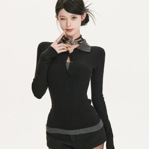Retro Spliced Two-Piece Slim Fit Knitted Top - High Intelligence Spicy Sister Design, Trendy Korean Style Inner Shirt