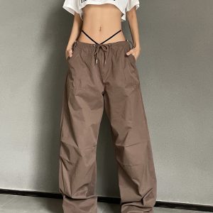 Retro Street Style Drawstring Cargo Pants for Hip-Hop Dance - Loose Wide-Leg Parachute Pants for 90s and Y2K Fashion