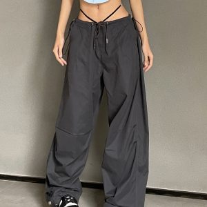 Retro Street Style Drawstring Cargo Pants for Hip-Hop Dance - Loose Wide-Leg Parachute Pants for 90s and Y2K Fashion