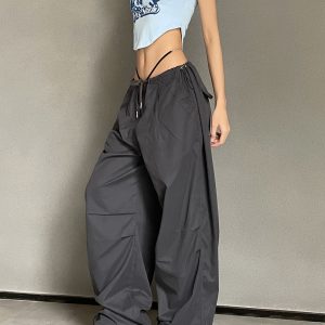 Retro Street Style Drawstring Cargo Pants for Hip-Hop Dance - Loose Wide-Leg Parachute Pants for 90s and Y2K Fashion