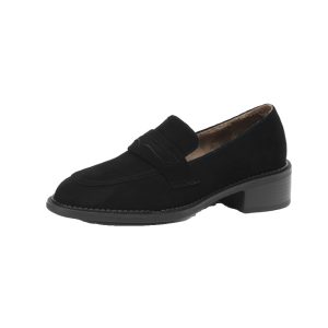 Retro Suede Chunky Heel Loafers for Women, Plush Round Toe Winter Shoes, Large Size 41-42, British Style Fashion Footwear