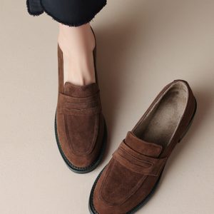 Retro Suede Chunky Heel Loafers for Women, Plush Round Toe Winter Shoes, Large Size 41-42, British Style Fashion Footwear