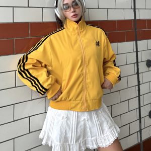 Retro Three-Stripe Zip-Up Short Jacket in Dopamine Yellow - Loose Fit American-Style Stand-Up Collar for Trendy Summer Looks