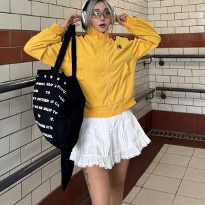 Retro Three-Stripe Zip-Up Short Jacket in Dopamine Yellow - Loose Fit American-Style Stand-Up Collar for Trendy Summer Looks