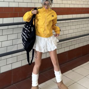 Retro Three-Stripe Zip-Up Short Jacket in Dopamine Yellow - Loose Fit American-Style Stand-Up Collar for Trendy Summer Looks