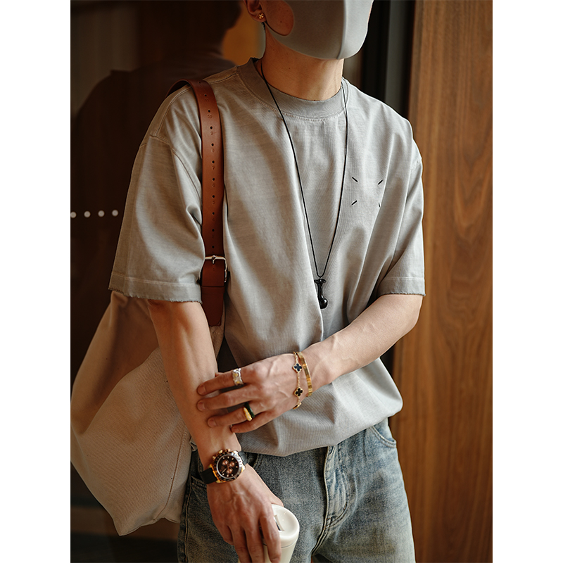 Retro Tie-Dye Gradient Letter Print Short Sleeve T-Shirt for Men - Heavyweight Pure Cotton Summer Trendy 90s Style Top