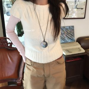 Retro Twisted Pattern Sweater Top - Layered Casual Slim Short Sleeve Knit for Unique 90s Y2K Style