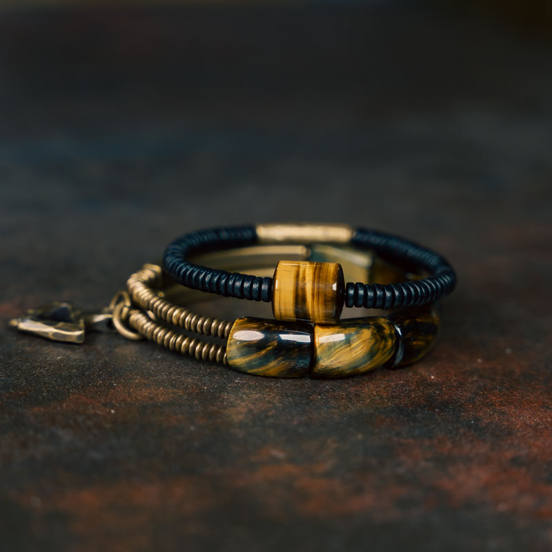 Retro Two-Piece Wooden Tiger Eye Stone Bracelet Set for Men and Women, Personalized Niche Design, Unique Fashion Accessories
