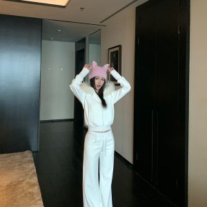 Retro Velvet Raccoon Fur Collar Short Hooded Sweatshirt Jacket Set with Shorts and Pants - Y2K Inspired Fashion