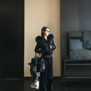 Retro Velvet Raccoon Fur Collar Short Hooded Sweatshirt Jacket Set with Shorts and Pants - Y2K Inspired Fashion
