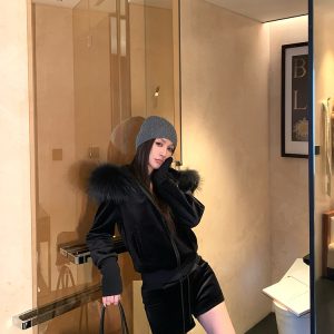 Retro Velvet Raccoon Fur Collar Short Hooded Sweatshirt Jacket Set with Shorts and Pants - Y2K Inspired Fashion