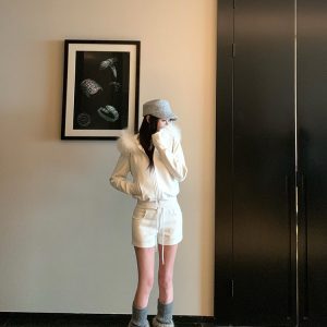 Retro Velvet Raccoon Fur Collar Short Hooded Sweatshirt Jacket Set with Shorts and Pants - Y2K Inspired Fashion