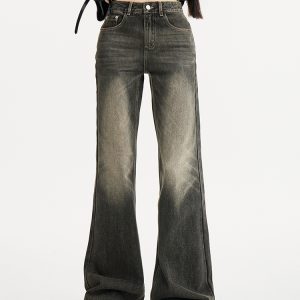 Retro Vintage Distressed Low-Waist Wide-Leg Denim Pants - Casual Flared Trousers for Y2K and 90s Style