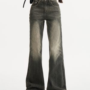 Retro Vintage Distressed Low-Waist Wide-Leg Denim Pants - Casual Flared Trousers for Y2K and 90s Style