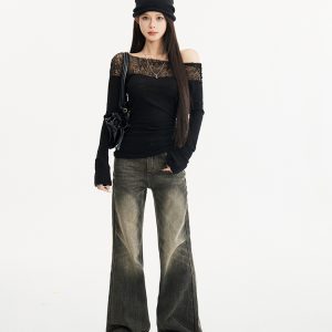 Retro Vintage Distressed Low-Waist Wide-Leg Denim Pants - Casual Flared Trousers for Y2K and 90s Style