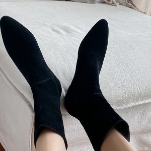 Retro Western Cowboy Boots for Women - Pointed Toe, Chunky Heel, Slouchy Mid-Calf Suede Short Riding Boots