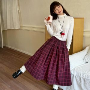 Retro Wool Half-Length Plaid Skirt - Versatile Pleated Design for 90s Inspired Style