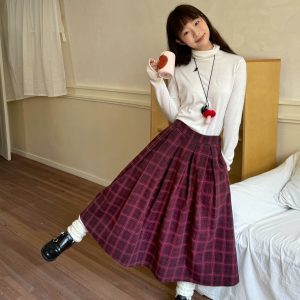 Retro Wool Half-Length Plaid Skirt - Versatile Pleated Design for 90s Inspired Style