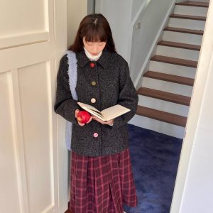 Retro Wool Half-Length Plaid Skirt - Versatile Pleated Design for 90s Inspired Style