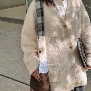 Retro Woolen Bucket Bag in Brown - Large Capacity Spliced Shoulder Strap Crossbody - Vintage Style Fashion Accessory