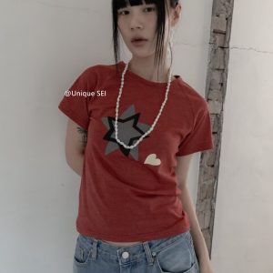 Retro Y2K Star Heart Raglan Short Sleeve T-Shirt in Apricot - Slim Fit Summer Casual Top