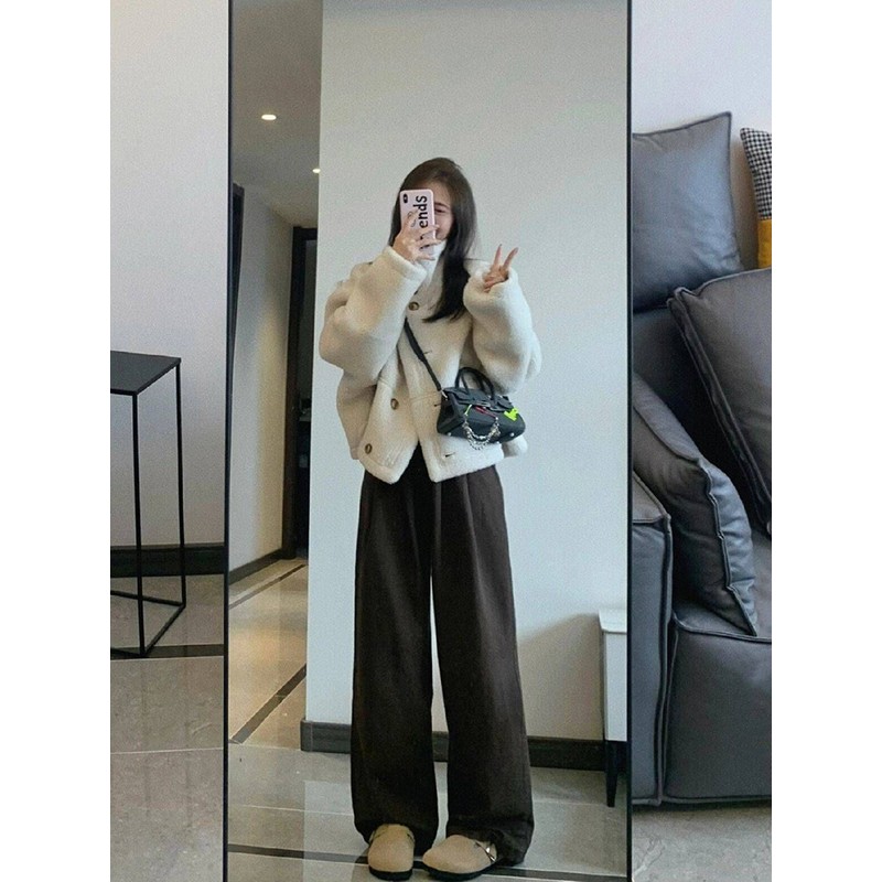 Reversible Leather and Fur Motorcycle Jacket for Women - Vintage Lamb Wool Coat, Thickened Winter Design for Petite Sizes