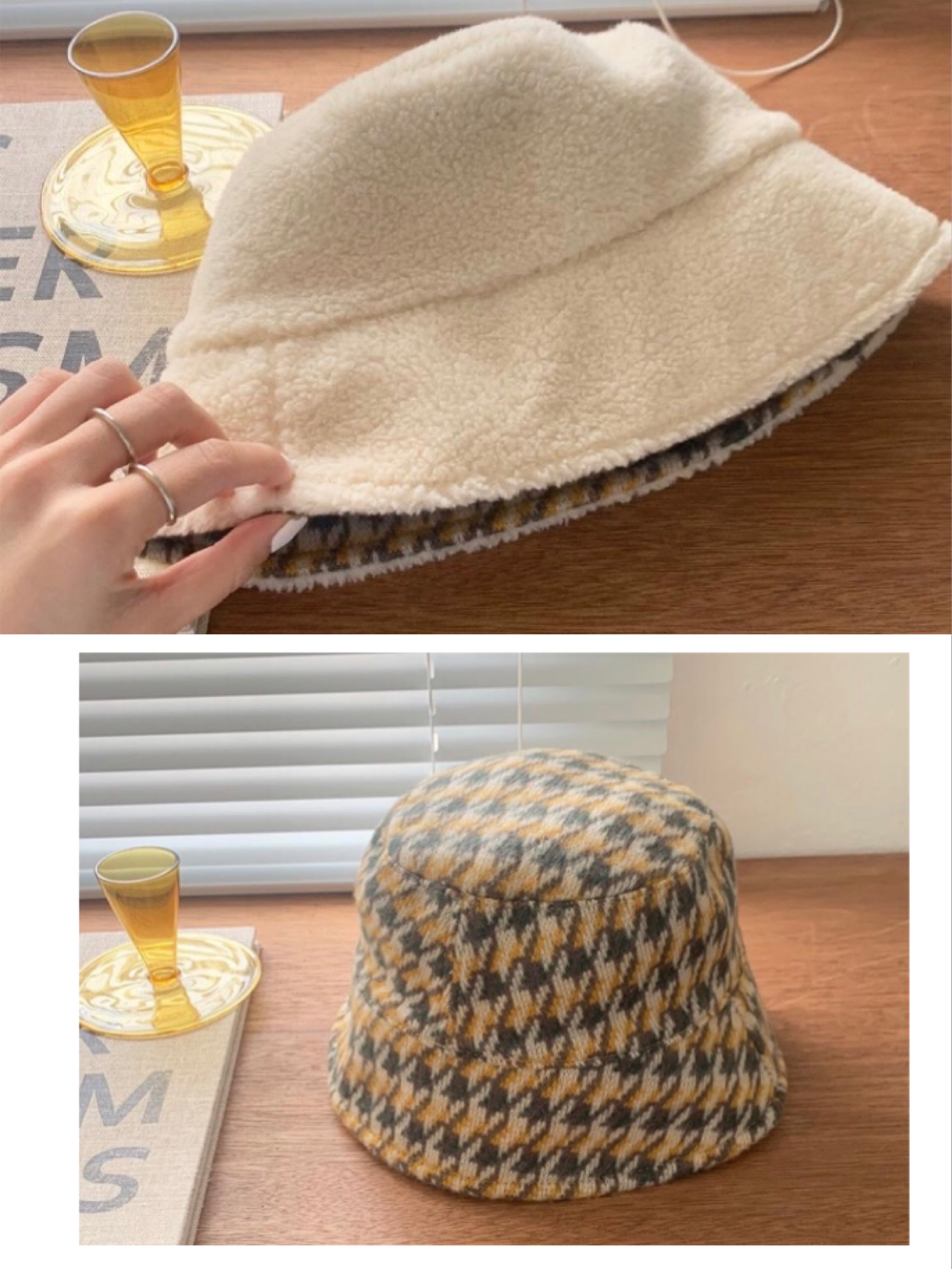Reversible Milk White Checkered Fisherman's Bucket Hat - Korean Style Winter Fashion Accessory for Star Gazing