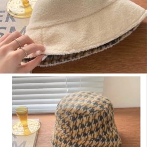 Reversible Milk White Checkered Fisherman's Bucket Hat - Y2K Korean Style for Winter Nights