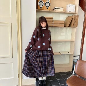 Reversible Plaid Patchwork Woolen Half Skirt in Retro Autumn Winter Style