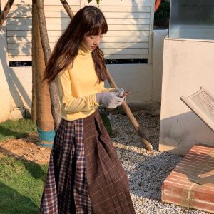 Reversible Plaid Patchwork Woolen Half Skirt in Retro Autumn Winter Style