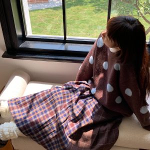 Reversible Plaid Patchwork Woolen Half Skirt in Retro Autumn Winter Style