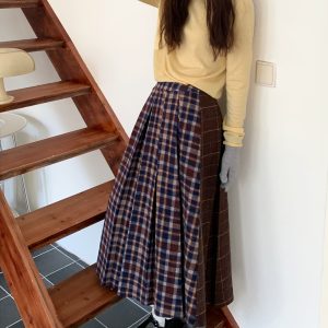Reversible Plaid Patchwork Woolen Half Skirt in Retro Autumn Winter Style
