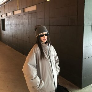 Reversible White Duck Down Jacket with Puffed Design and Stand Collar - 90s American Style Warm Outerwear