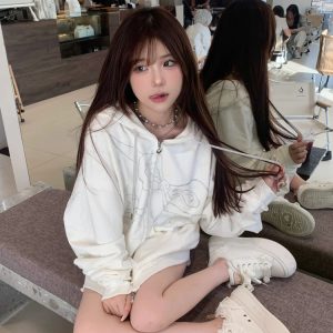 Rhinestone Bow Tie Zipper Cardigan Sweatshirt for Women, Oversized Vintage Hoodie, Autumn Fashion, Casual Layering