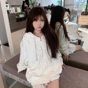 Rhinestone Bow Tie Zipper Cardigan Sweatshirt for Women, Oversized Vintage Hoodie, Autumn Fashion, Casual Layering